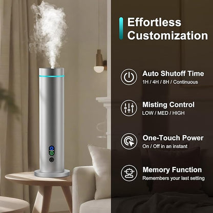 Waterless Diffuser, 1000 Sq.Ft Coverage, Essential Oil Diffuser with Tilt-Safe, Remote Control, Adjustable Mist Mode, Mood Lights Aromatherapy Diffuser for Home, Large Room, Office, Hotel, Silver