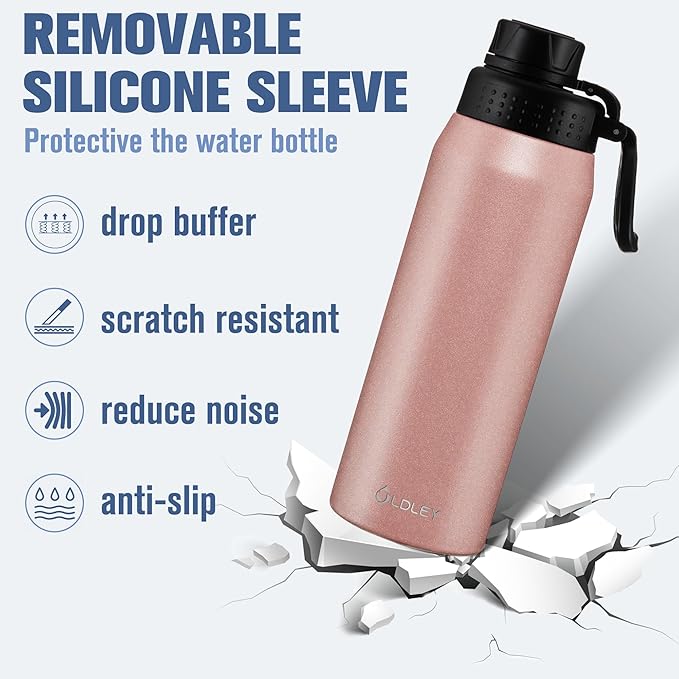 OLDLEY 24 oz Insulated Water Bottle With Straw, Stainless Steel Sports Water Cup Flask with 3 Lids(Straw, Spout and Handle Lid) Double Walled Travel Thermal Canteen Mug,Rose Gold