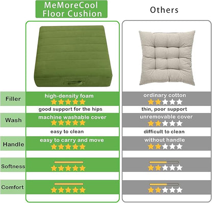 MeMoreCool Square Floor Pillow Seating for Adults Kids, Large Meditation Cushion Floor Pillow with Thick Foam & Soft Tufted Cover, Washable Big Pillow Seat Floor Cushion for Sitting Yoga 22" Green