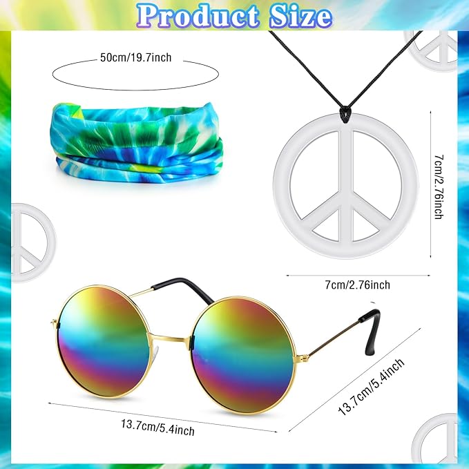 Hippie Costume for Men Women 4PCS Mens 60s 70s Outfit Set Colorful Hippie Shirt Sunglasses Headband Peace Necklace