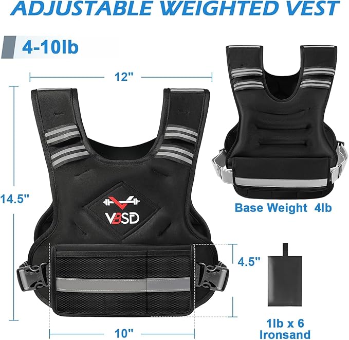 VBSD Adjustable Weighted Vest for Women Men 4-10lb/11-20lb/20-32lb Vest with 6 Ironsand Weights Body Weight Vest with Reflective Strip for Running Walking Strength Training Workouts