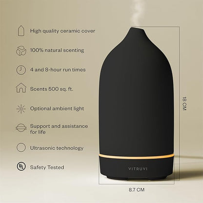 Vitruvi Stone Diffuser, Ceramic Ultrasonic Essential Oil Diffuser for Aromatherapy | Ceramic Diffuser, Diffusers for Home, Oil Diffuser, Room Decor | Black, 90ml Capacity