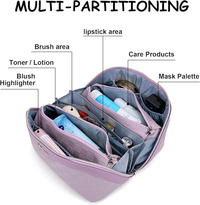BOYATU Travel Makeup Bag Organizer Cosmetic Bag: 3 Pcs Set Make up Bags for Women with Handle - Waterproof Vegan Leather Toiletry Bags Travel Essentials Pouch with Compartments (C-01-Purple)