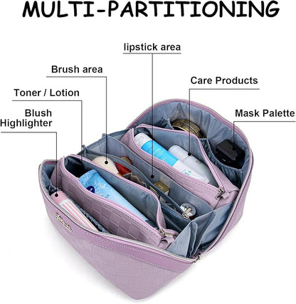 BOYATU Travel Makeup Bag Organizer Cosmetic Bag: 3 Pcs Set Make up Bags for Women with Handle - Waterproof Vegan Leather Toiletry Bags Travel Essentials Pouch with Compartments (C-01-Purple)