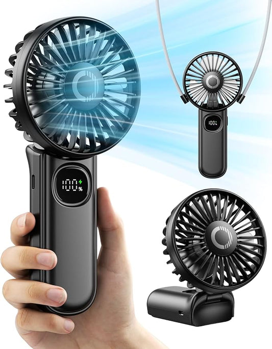 Foldable Portable Fan with LED Display, 3000mAh Battery Operated Mini Hand Held/Neck/Desk 3 in 1 Personal Small Fan for Eyelash Makeup Travel Beach Outdoor Black