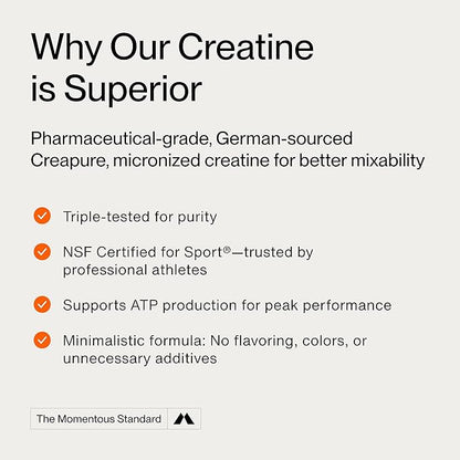 Momentous Creatine Lemon Monohydrate Powder - Creapure Creatine Powder - Supports Strength, Lean Muscle, & Recovery for Men & Women - NSF Certified for Sport - 6.49 g per Serving - 15 Servings