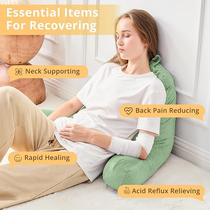 Sasttie Reading Pillow, Velvet Back Pillow for Bed Sitting Up, Adult Back-Rest Support Cushion with Arms for Sit Up on Couch, Sofa, and Floor, Dorm Essentials, Reading Accessories, Light Green