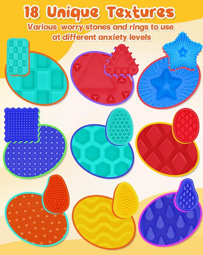 Fidget Toys Sensory Stone 18 Pack Worry Stones Texture Shapes Fidget Rings for Kids Calming - Sensory Autism Toys for Anxiety Relief Quiet Small Fidgets for Classroom Prizes