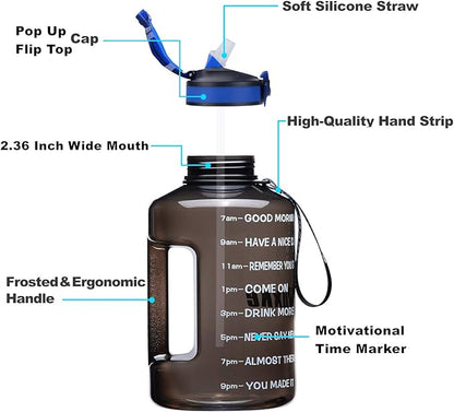 1 Gallon Motivational Sports Water Bottle with Time Marker, BPA Free 128oz Leak Proof Jug, Black, Plastic, 128 ounces, Fitness, Sports, Outdoor Activities