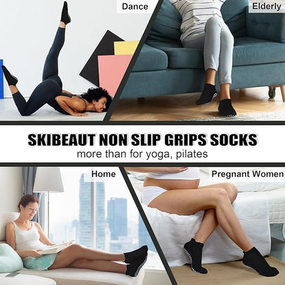SkiBeaut Grips Non Slip Socks for Women, 4 Pairs Yoga Pilates Anti Skid Woman Hospital Gripper Socks (5-12)