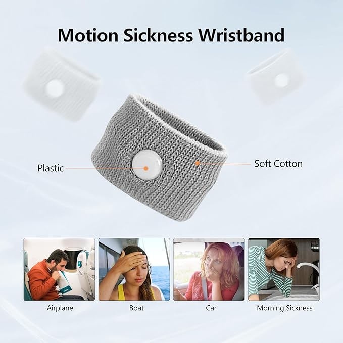Motion Sickness Wristband, Anti-Nausea Acupressure Wrist Band for Nausea Relief, Dizziness and Vomiting from Car Sea Boat Flying Travel Sickness for Adults and Kids (Grey, Large, 2 Pairs)