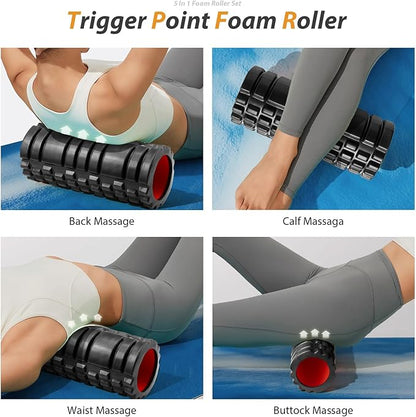 5 in1 Foam Roller Set, Trigger Point Foam Roller, Massage Roller Stick, Massage Ball, Resistance Band for Deep Muscle Massage Pilates Yoga,Fitness Exercise for Whole Body (Black-Red)