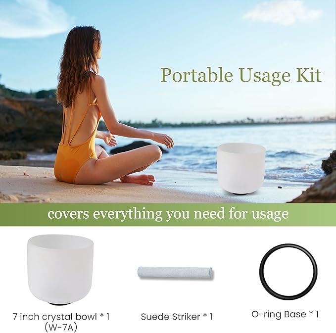 432HZ 7 Inchs Frosted Crystal Singing Bowl Set for Meditation Healing Yoga Chakra Quartz Crystal Sound Bowls with Heavy Duty Carry Case and Rubber Mallet,Suede Striker,O-rings