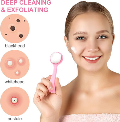 3pcs Silicone Manual Face Scrubber, Soft Face Scrubber Exfoliator, Waterproof Skin Friendly Face Cleansing Brush for Blackheads Whiteheads Makeup Residues Removal- Pink