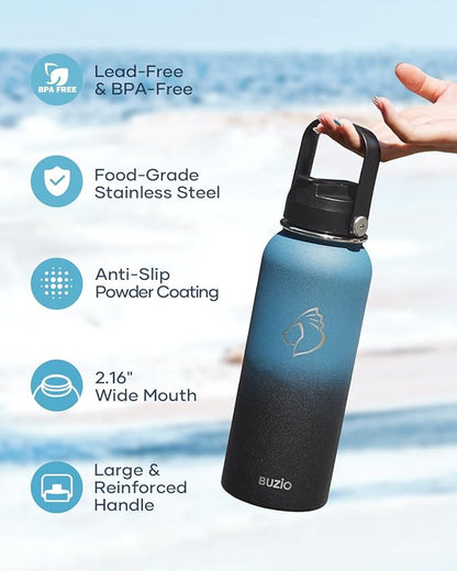 BUZIO 40 oz Insulated Water Bottle, Keep Cold 48h Stainless Steel Water jug with Straw Lid and Carrying Pouch, Lead-Free Leak Proof Double Wall Vacuum Metal Canteen for Sports Gym Beach, Indigo Crush