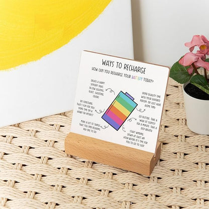 Positivity Recovery Self Care Encourage Gift, Mental Health Reminders Wooden Sign With Wooden Stand, Inspirational Cheer Up Gift for Psychologist School Counselor Student Boy Girl Best Friend