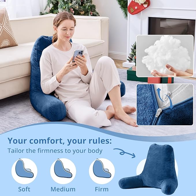 Sasttie 25-inch Reading Pillows for Sitting in Bed Adult, Jumbo Velvet Back Pillow Bed Sitting Up, XL High Back-Rest Support Cushion for Sit Up on Couch & Floor, Oeko-Tex Certified, Navy