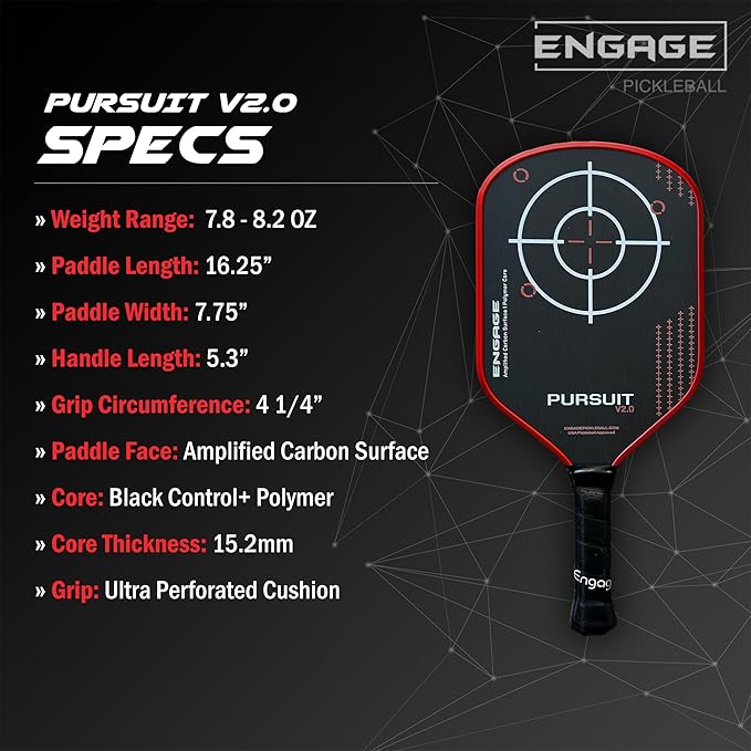 Engage Pursuit V2.0 Pickleball Paddle - Amplified Carbon Surface for Superior Control & Spin with Response+ Polymer Core, USAPA Approved - Designed for Players of Any Skill Level