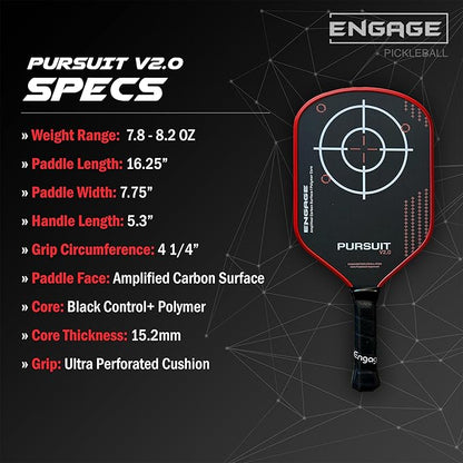 Engage Pursuit V2.0 Pickleball Paddle - Amplified Carbon Surface for Superior Control & Spin with Response+ Polymer Core, USAPA Approved - Designed for Players of Any Skill Level