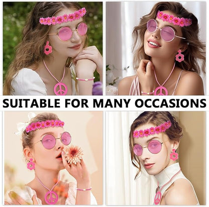 Hippie Costume Accessories Set Peace Sign Necklace Sunglasses Flower Headband Earrings for 60s 70s Outfit Party Women
