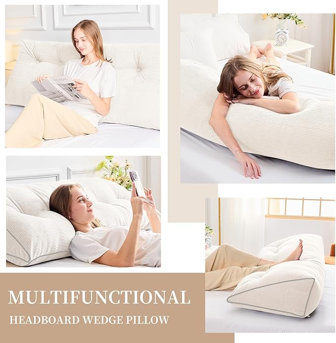 Sasttie Headboard Pillow Queen, Triangular Wedge Pillow Headboard, Wedge Headboard Pillow for Bed Sofa, Daybed Pillows for Sitting up, Reading or Working with Removable Cover, White