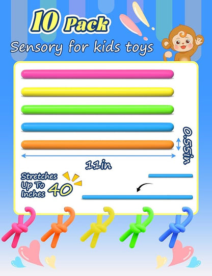10 Pack Sensory Toys for Kids – Upgraded Extra-Thick Stretchy Sensory Strings for Autism, ADHD, Anxiety – Durable Toys in Gift Box for Boys & Girls, Travel & Classroom Use – Smooth
