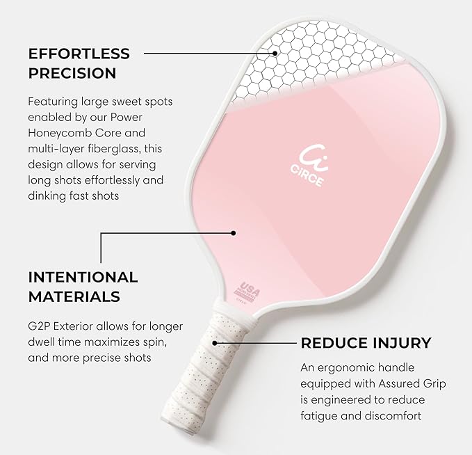 CIRCE Cielo Pickleball Paddle - Blush | G2 Reinforced Fiberglass Surface with 13mm Reactive Honeycomb Core | 8oz, Beginner Paddle for Consistency & Control | Ergonomic Handle | USAP Approved