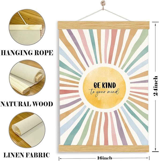 YGSDZY Be Kind To Your Mind Sign, Mental Health Poster, Wood Poster Hanger, Sun Playroom Posters, Therapy Office Decor, Boho Sun Decor, School Psychologist Signs, Classroom Decoration