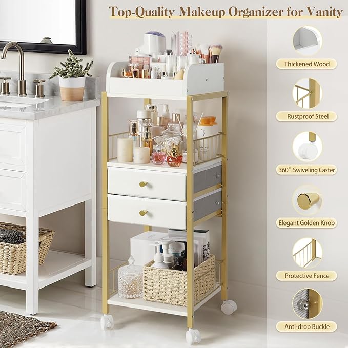 Makeup Organizer, Floor Skincare Organizers Make Up Organizers and Storage with Drawers, Vanity Organizer Cosmetics Display Cases Holder for Skin Care Nail Polish Perfume Gold
