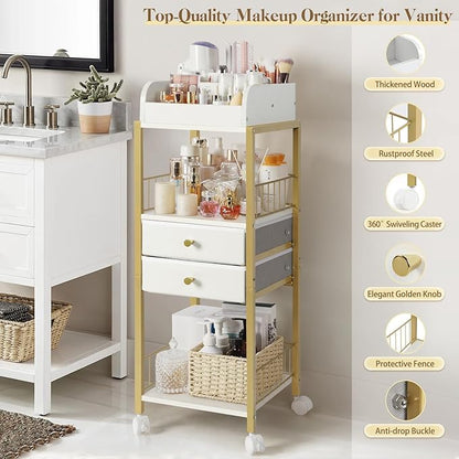 Makeup Organizer, Floor Skincare Organizers Make Up Organizers and Storage with Drawers, Vanity Organizer Cosmetics Display Cases Holder for Skin Care Nail Polish Perfume Gold