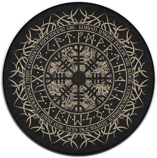 Soft Round Yoga Carpet, Large Home Decor Mat, Non-Slip Machine Washable Kitchen Office Circle Rug Compatible with Cool Norse Viking Vegvisir Runic Compass