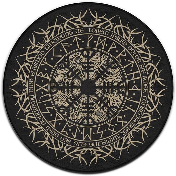 Soft Round Yoga Carpet, Large Home Decor Mat, Non-Slip Machine Washable Kitchen Office Circle Rug Compatible with Cool Norse Viking Vegvisir Runic Compass