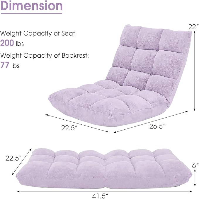 GORELAX Memory Foam Floor Chair, 14-Poistion Adjustable Reading Gaming Chair Recliner, Folding Cushioned Meditation Chair with Back Support, Padded Lazy Sofa for Adults, Kids (Light Purple)