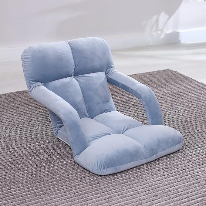 WoodShine Adjustable 6-Position Padded Floor Chair with Arms Folding Floor Seating Pillow Gaming Chair (Morandi Blue)