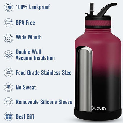 OLDLEY 64 oz Insulated Water Bottle With Straw, Stainless Steel Sports Water Cup Flask with 3 Lids(Straw, Spout and Handle Lid) Double Walled Travel Thermal Canteen Mug,Dark Rainbow