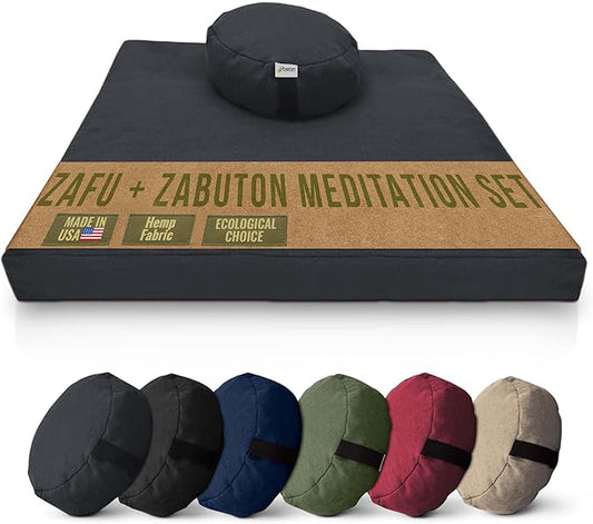 Meditation Cushion Mat Set HEMP - Round Zafu Floor Pillow Organic Buckwheat Pillow + Cotton Filled Zabuton Prayer Pad - Meditation Pillow Yoga Knee Pad - Made in USA - 14" Round, SHADOW GRAY Hemp