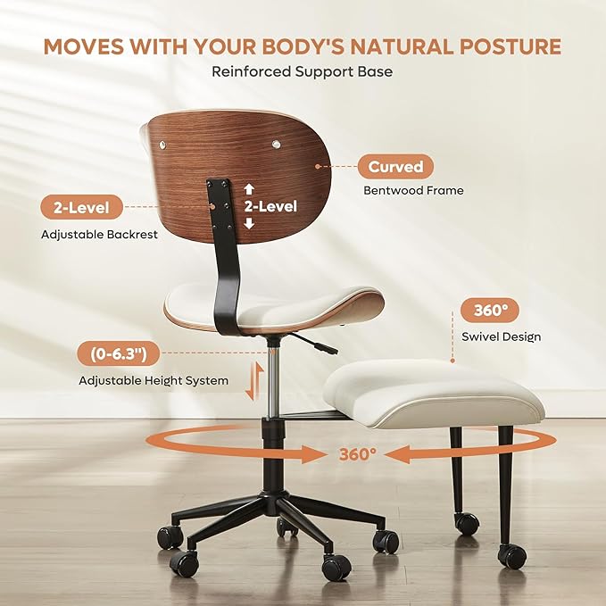 Bestier Criss Cross Office Chair with Wheels, 360° Swivel ADHD Chair for Adults, Height Adjustable Meditation Chair with Wider Bentwood Back Support for Multi Position (Contemporary Bentwood, White)