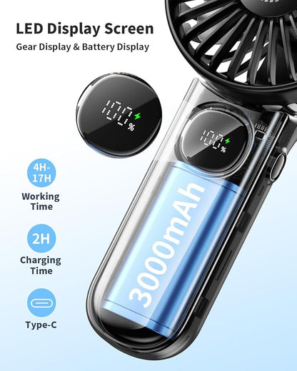 Foldable Portable Fan with LED Display, 3000mAh Battery Operated Mini Hand Held/Neck/Desk 3 in 1 Personal Small Fan for Eyelash Makeup Travel Beach Outdoor Black