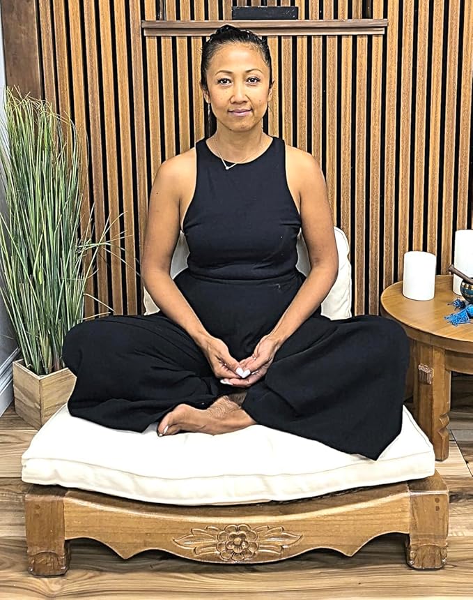 Handcrafted Wooden Meditation Chair with Woven Seagrass Seat, 30 x 28 x 18 inches (Stone)