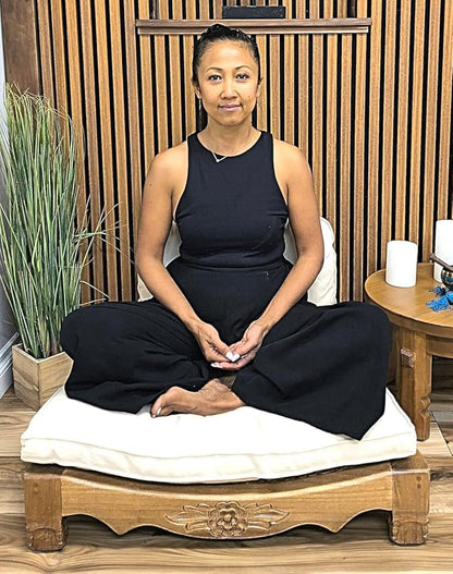 Handcrafted Wooden Meditation Chair with Woven Seagrass Seat, 30 x 28 x 18 inches (Stone)