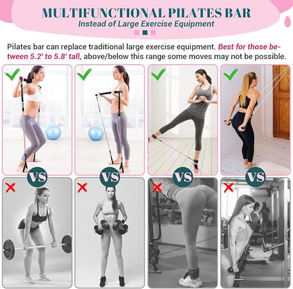 Pilates Bar Kit with Resistance Bands, Multifunctional Yoga Pilates Bar with Heavy-Duty Metal Adjustment Buckle, Portable Home Gym Pilates Resistance Bar Kit for Women Full Body Workouts