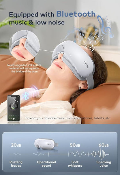 Llano Eye Massager with Heat, Portable Eye Massage with Bluetooth Music, Smart Eye Mask Massager Sleep Mask Foldable Face Massager for Relax Dark Circles Dry Eyes (White)