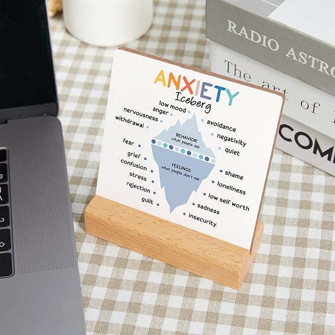 Mental Health Awareness Gift, Anxiety Therapy Wooden Sign With Wooden Stand, Counseling Office Must Haves, Mental Health Gift for Psychologist School Counselor Student Boys Girls Best Friends