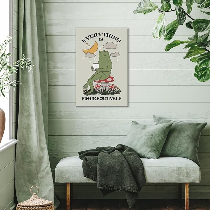 Everything is Figureoutable Motivational Canvas Wall Art Print Frog with Coffee Quote Inspirational Art Poster Mental Health Home Office Affirmation Wall Decor Minimalist Picture 12x18inch Framed