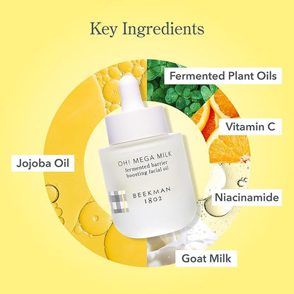 Beekman 1802 Oh Mega Milk Facial Oil - Hydrating Vitamin C & Niacinamide Serum - Repairs Skin Barrier & Reduces Dark Spots From Aging - Fragrance Free, Sensitive Skin Safe