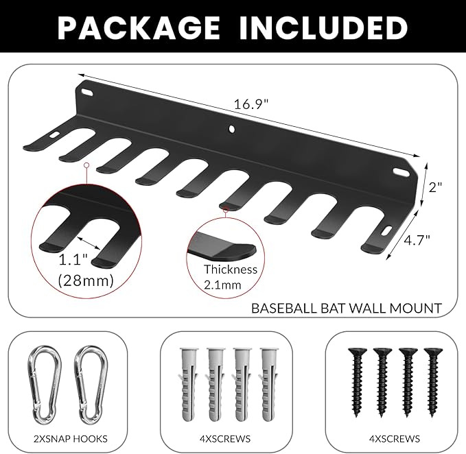 Wall Mount Baseball Bat Rack, Hold 16 Bats, Home Gym Sports Equipment Organizer Hanger, Olympic Barbells Holder, Heavy Duty Hooks for Hangs Bats,Gloves,Hats,Bags,Balls,Row Handles or Tools, Black