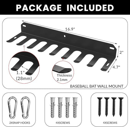 Wall Mount Baseball Bat Rack, Hold 16 Bats, Home Gym Sports Equipment Organizer Hanger, Olympic Barbells Holder, Heavy Duty Hooks for Hangs Bats,Gloves,Hats,Bags,Balls,Row Handles or Tools, Black