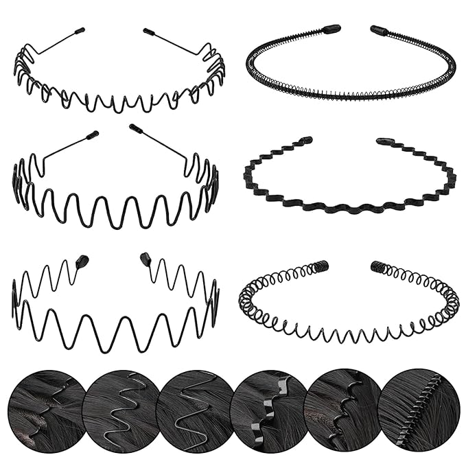 Metal Headbands for Man, Unisex Black Wavy & Smooth Headbands for Women, Non-Slip Elastic Hair Bands for Sports, Gym, Yoga, and Daily Use. (6 pack)