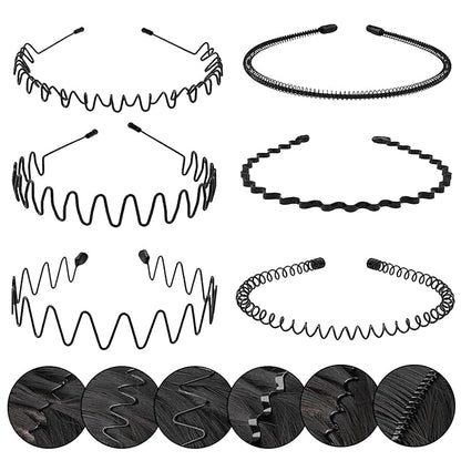 Metal Headbands for Man, Unisex Black Wavy & Smooth Headbands for Women, Non-Slip Elastic Hair Bands for Sports, Gym, Yoga, and Daily Use. (6 pack)