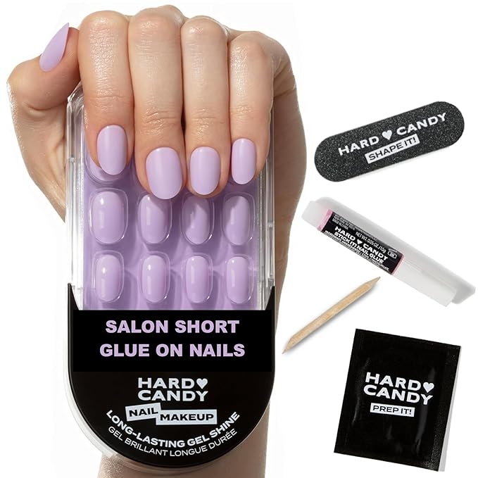 Short Lavender Press On Nails | Hard Candy False Nails with Real Pastel Purple Nail Polish | Includes - Reusable Short Round Nails, Strong Nail Glue and Travel Case